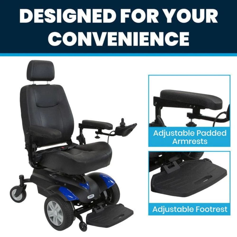 Power wheelchair with adjustable features on a white background