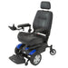 Black electric wheelchair with blue accents on a white background