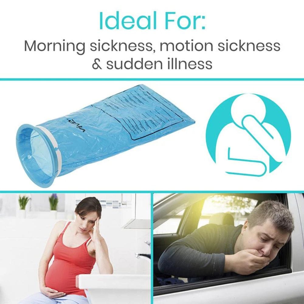 Product for morning sickness, motion sickness, and sudden illness with images of a pregnant woman and a person in a car.
