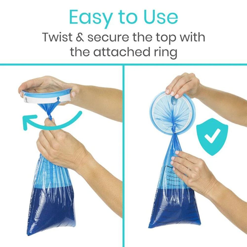 Instructions on how to use a blue plastic bag with a top ring, showing twisting and securing process.