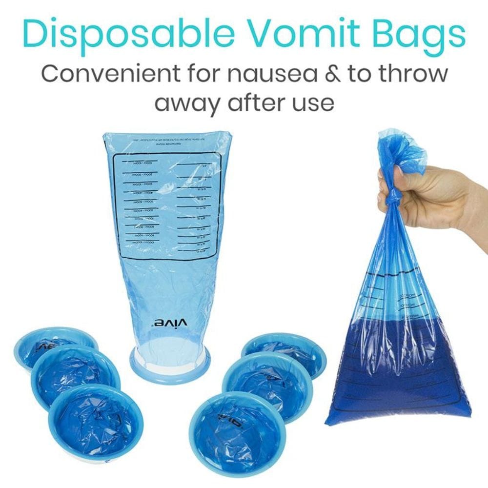 Disposable vomit bags with a hand holding one, on a white background.