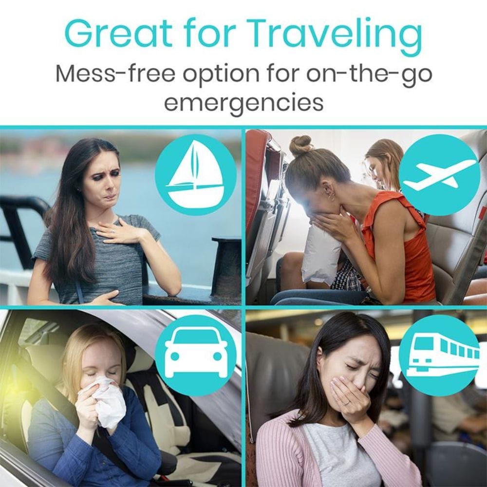 Collage of people experiencing various discomforts with text 'Great for Traveling' and icons indicating different modes of transportation.