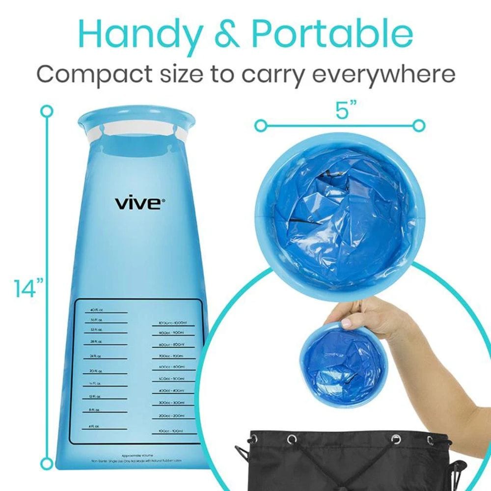 Blue water bottle with measurements and a small blue container, labeled 'vive', on a white background.