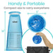 Blue water bottle with measurements and a small blue container, labeled 'vive', on a white background.