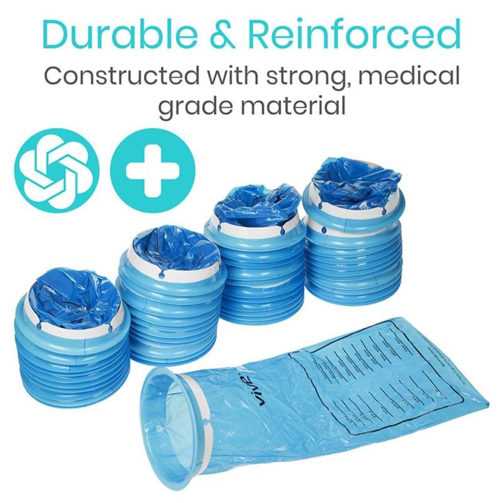 Stacks of blue medical-grade bags with text highlighting durability and reinforcement.