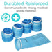 Stacks of blue medical-grade bags with text highlighting durability and reinforcement.