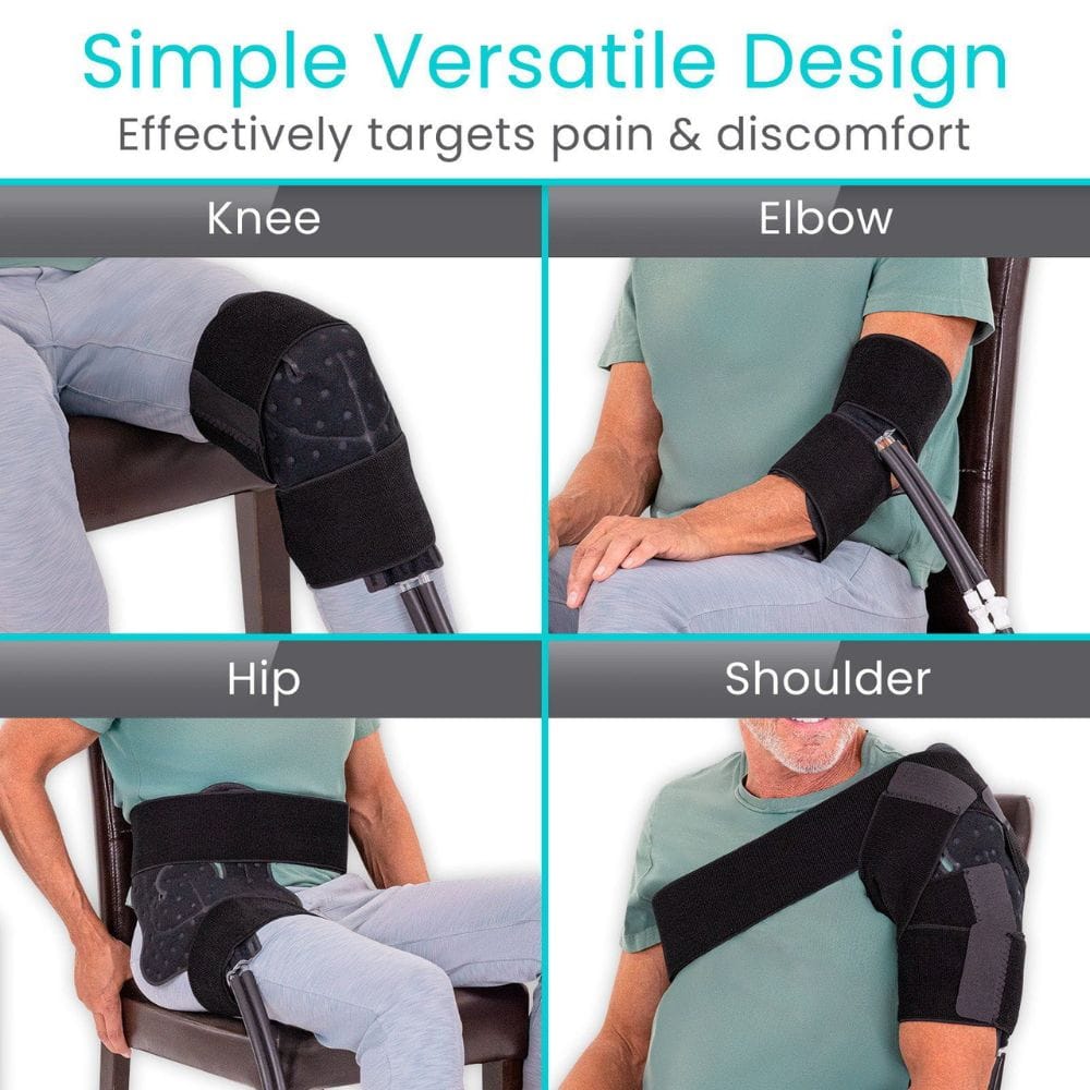 Product demonstrating its use on knee, elbow, hip, and shoulder with text 'Simple Versatile Design' and 'Effectively targets pain & discomfort'.