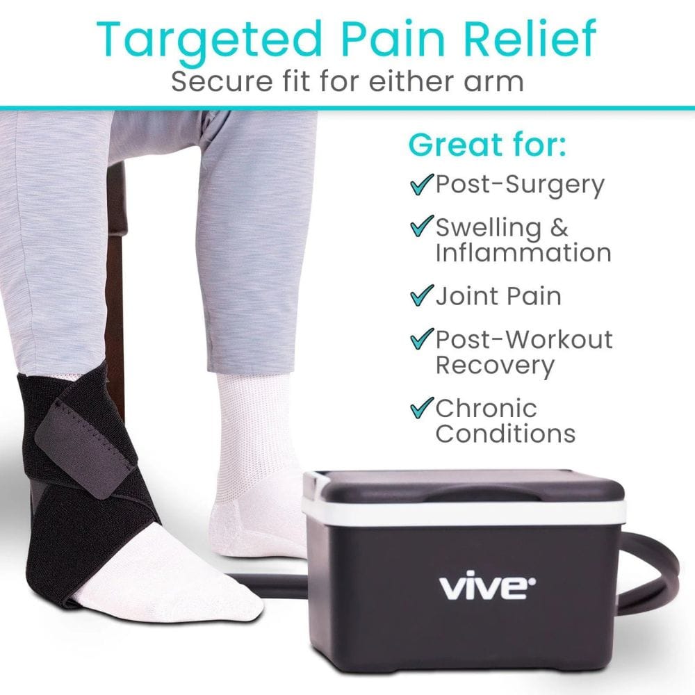 Vive pain relief device with person wearing it on an arm, text highlighting uses.