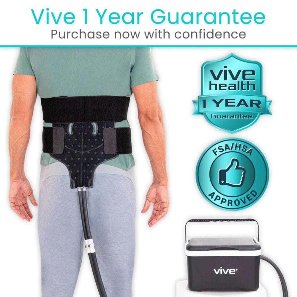 Person wearing a black waist support belt with 'Vive' branding, featuring a 1-year guarantee and FSA/HSa approval on a white background.