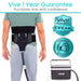 Person wearing a black waist support belt with 'Vive' branding, featuring a 1-year guarantee and FSA/HSa approval on a white background.