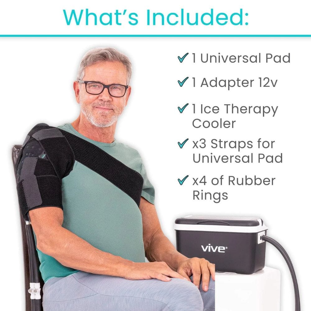 Man using a shoulder brace with a list of included items on a white background