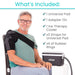 Man using a shoulder brace with a list of included items on a white background