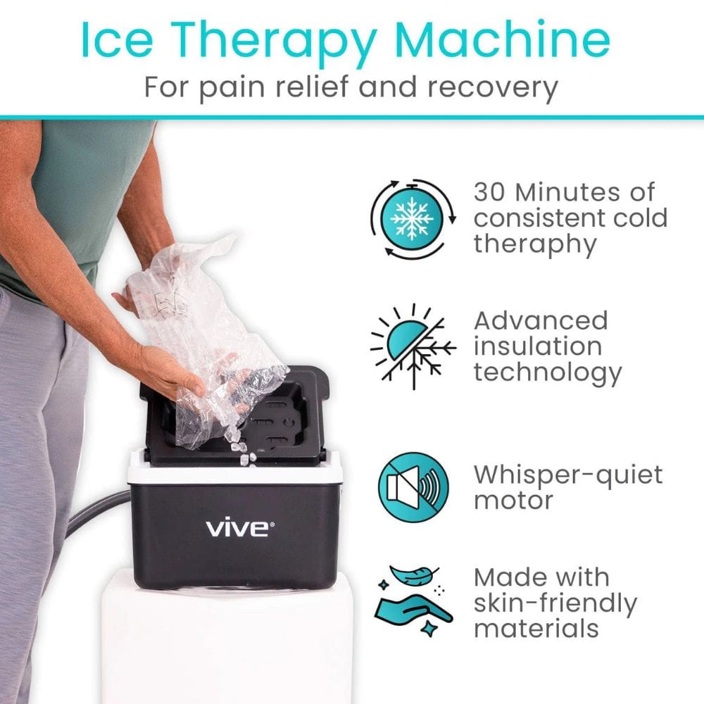 Ice therapy machine with features highlighted for pain relief and recovery, brand 'Vive' visible.