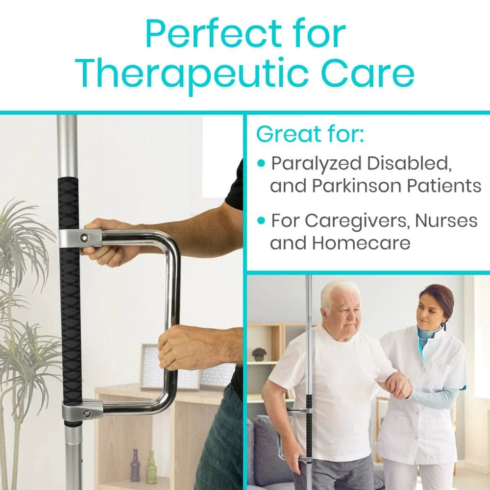Handheld support device for therapeutic care with text highlighting its use cases.