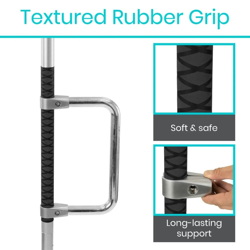 Textured rubber grip on a metal handle with close-up details and text indicating softness, safety, and durability.
