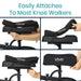 Vive Mobility knee walker attachment being attached to a walker with text 'Easily Attaches To Most Knee Walkers'.