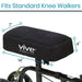 Black cushion with Vive Mobility logo on a knee walker, showing dimensions.