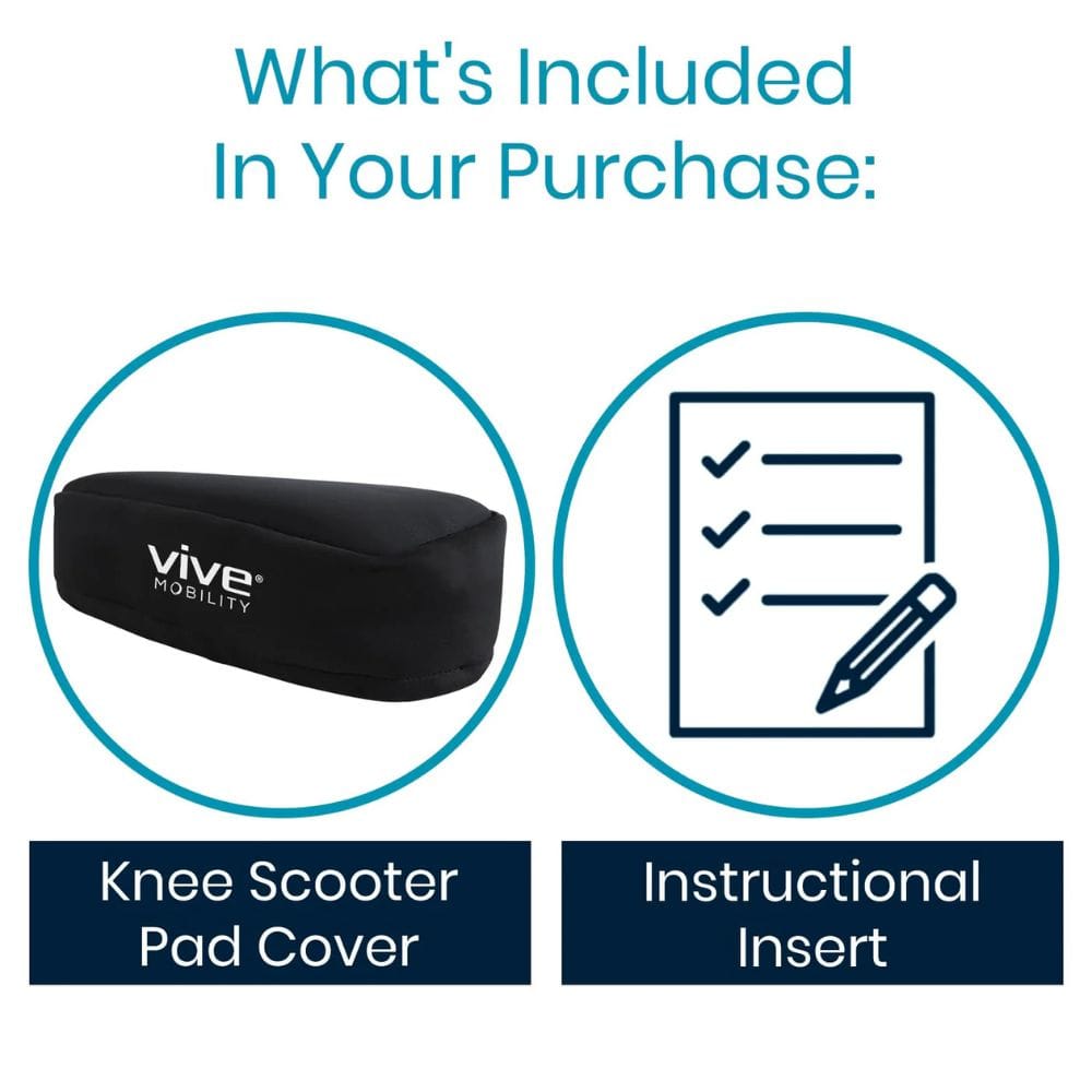 Product package with knee scooter pad cover and instructional insert on a white background
