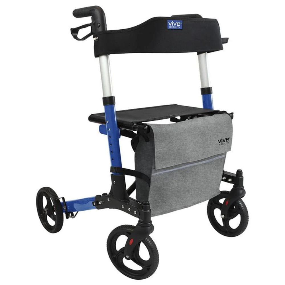 Rollator with blue frame and gray bag on a white background