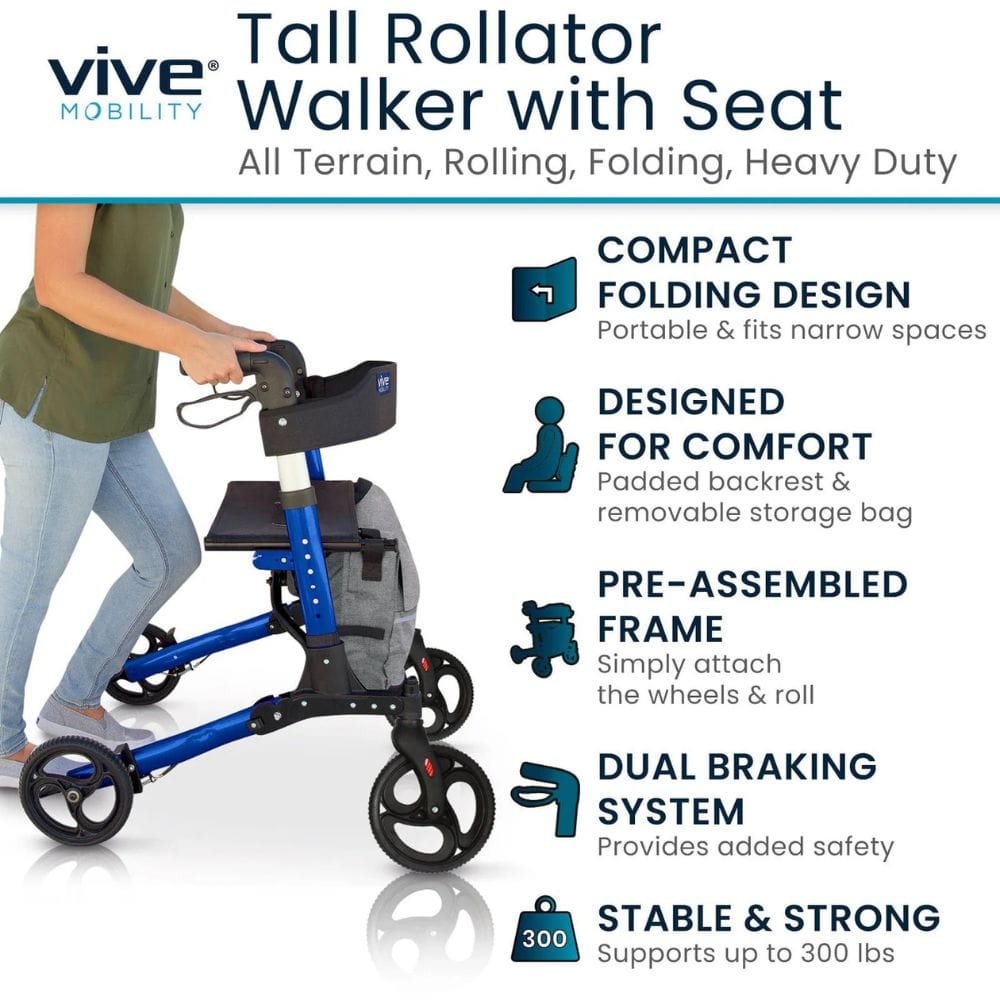Vive Mobility Tall Rollator Walker with Seat on a white background