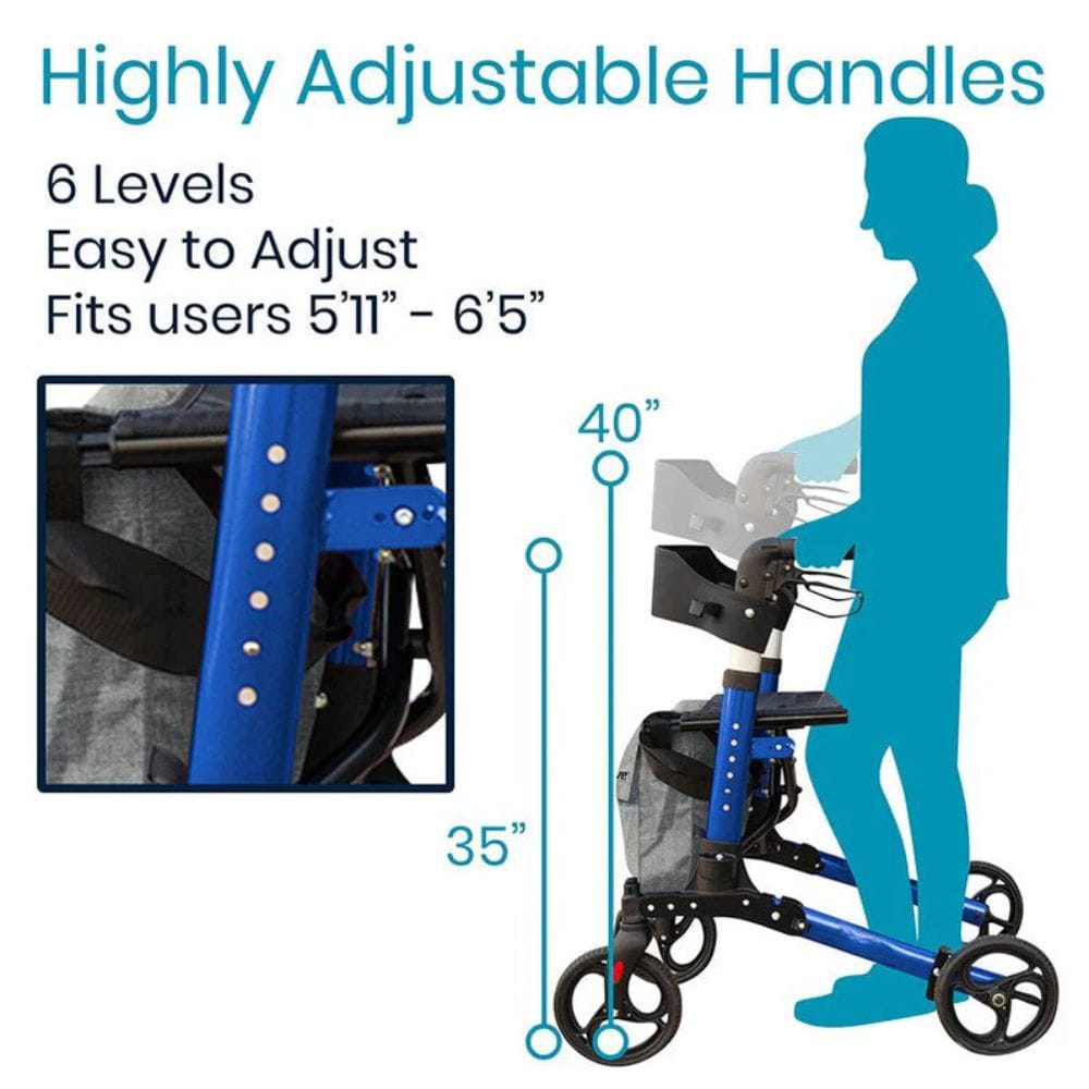 Blue walker with adjustable handles and user silhouette showing size range.