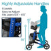 Blue walker with adjustable handles and user silhouette showing size range.