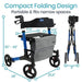 Compact folding rollator with dimensions labeled on a white background