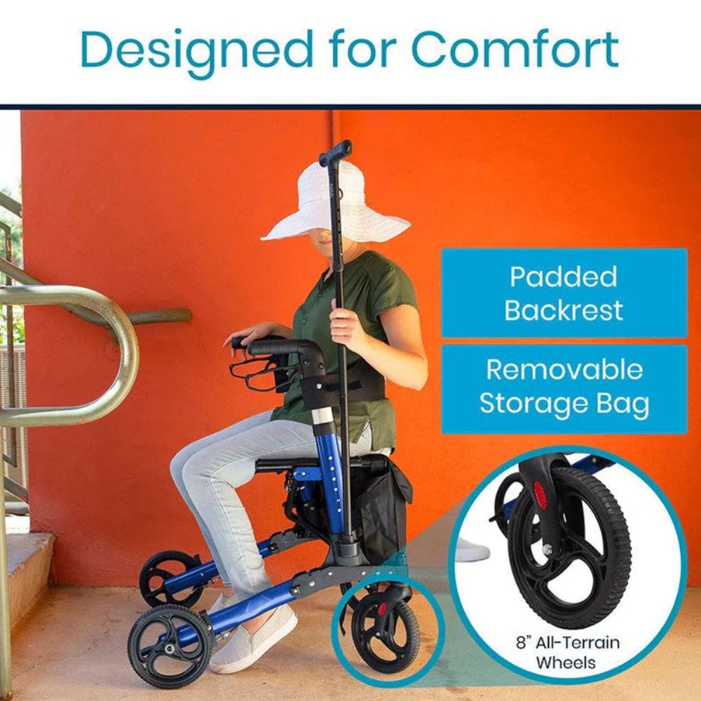Person using a mobility scooter with features highlighted on an orange background