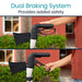 Person holding a tool with dual braking system in front of a house.