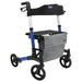 Rollator with blue frame and gray bag on a white background