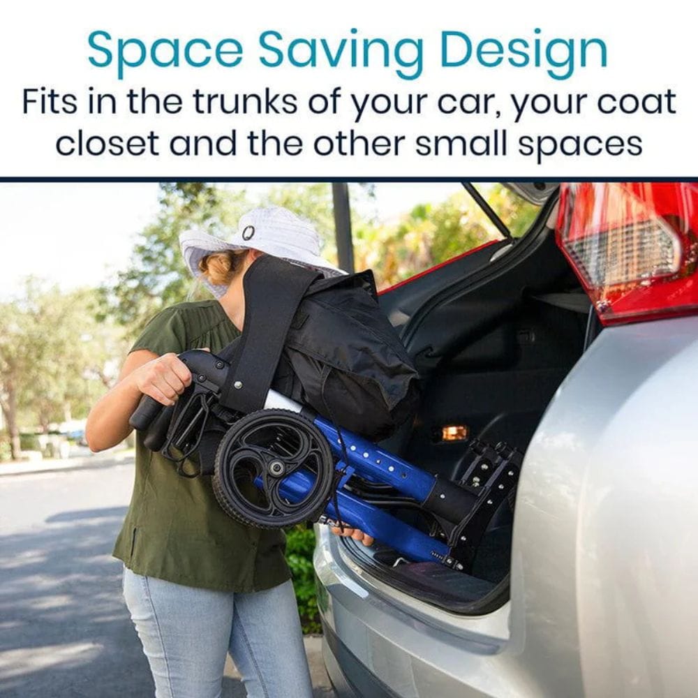 Person loading a folded blue wheelchair into the trunk of a car with text about space-saving design.