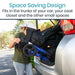 Person loading a folded blue wheelchair into the trunk of a car with text about space-saving design.