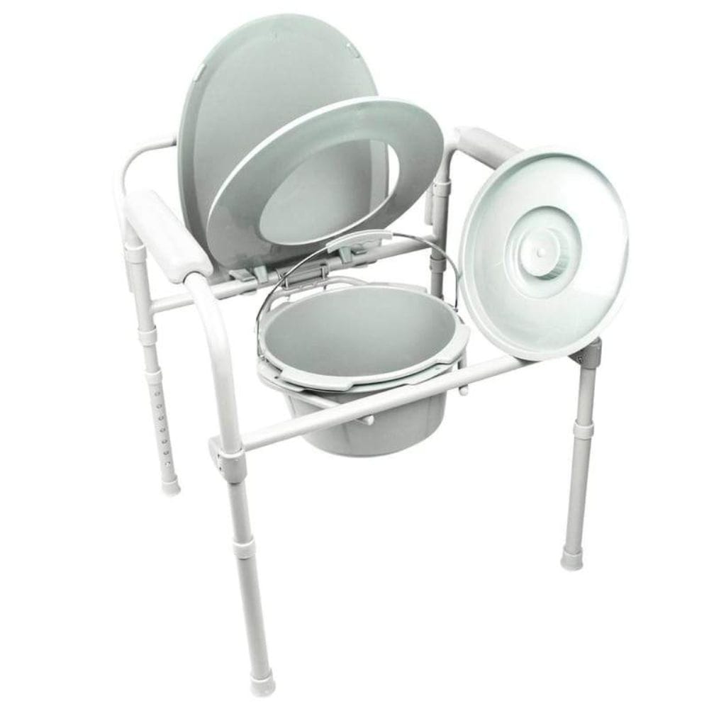 White portable toilet with seat and stand on a white background