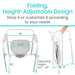Folding height-adjustable design with measurements and storage customization text
