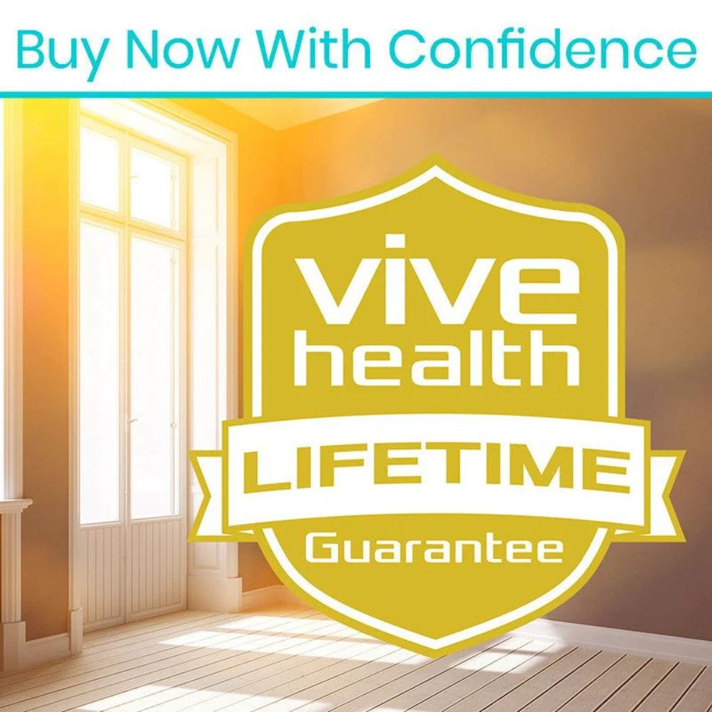 Vive Health Lifetime Guarantee badge in a bright room with large windows.