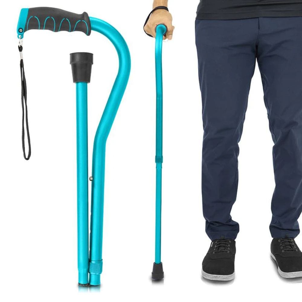 Blue walking cane held by a person wearing navy pants and black shoes on a white background