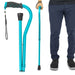 Blue walking cane held by a person wearing navy pants and black shoes on a white background