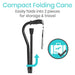 Compact folding cane with text indicating it folds into two pieces for storage and travel.