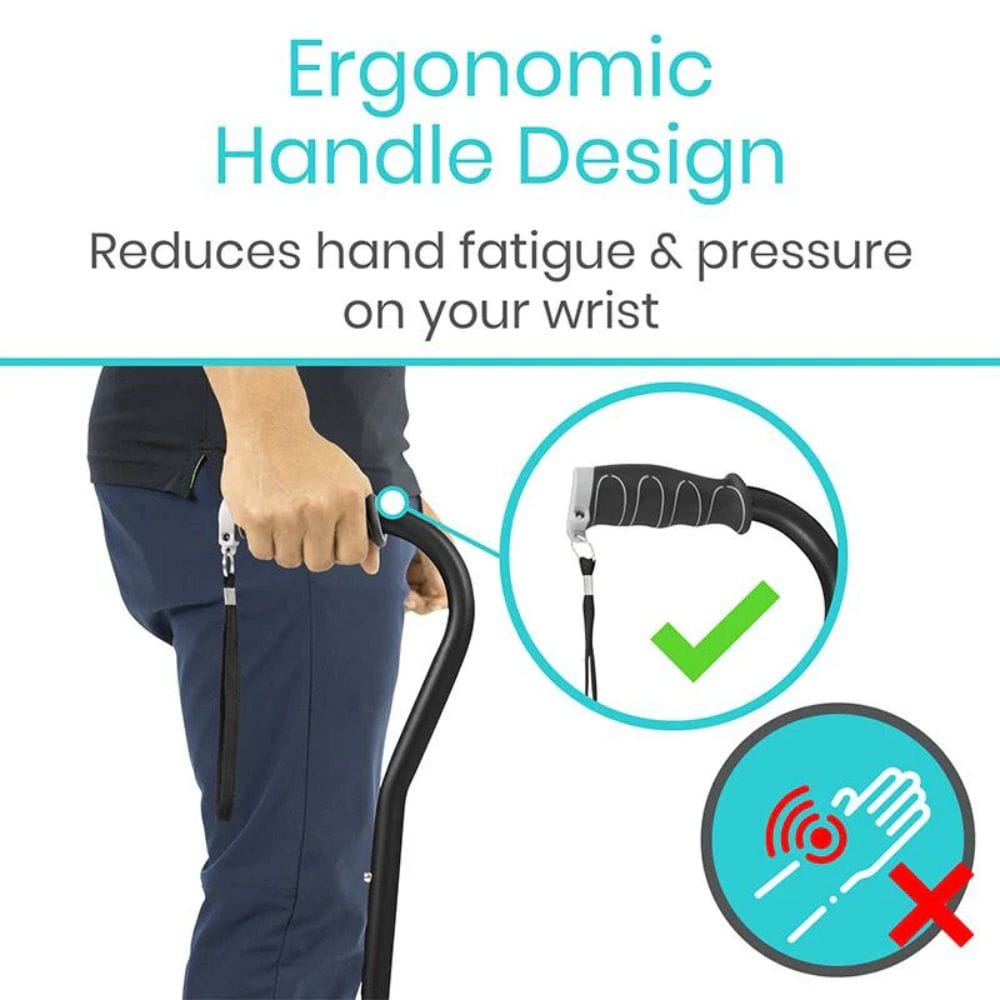 Ergonomic handle design for reducing hand fatigue and pressure on wrist, with a person holding a walking stick.