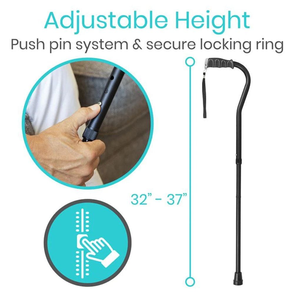 Adjustable height walking cane with push pin system and secure locking ring, shown with a hand holding it.