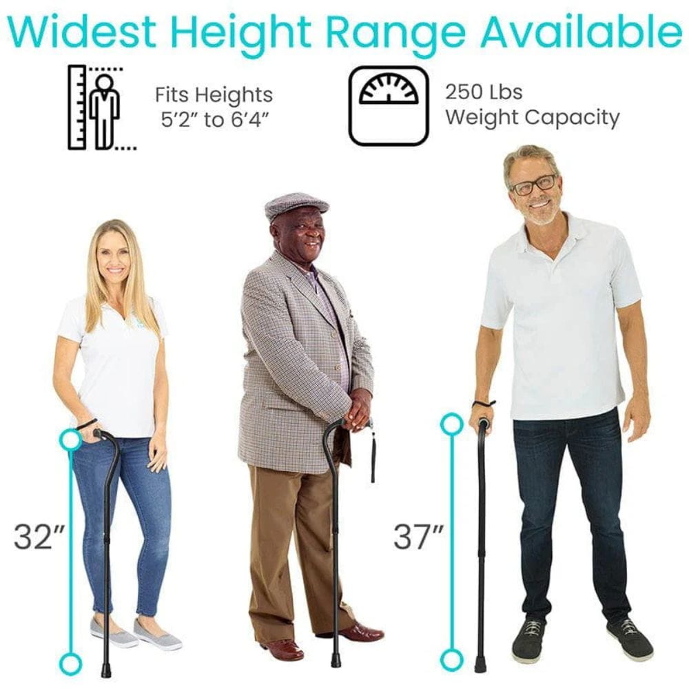 Three people demonstrating the height range and weight capacity of a product with measurements shown.