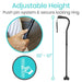 Adjustable height walking cane with push pin system and secure locking ring, shown with a hand holding it.