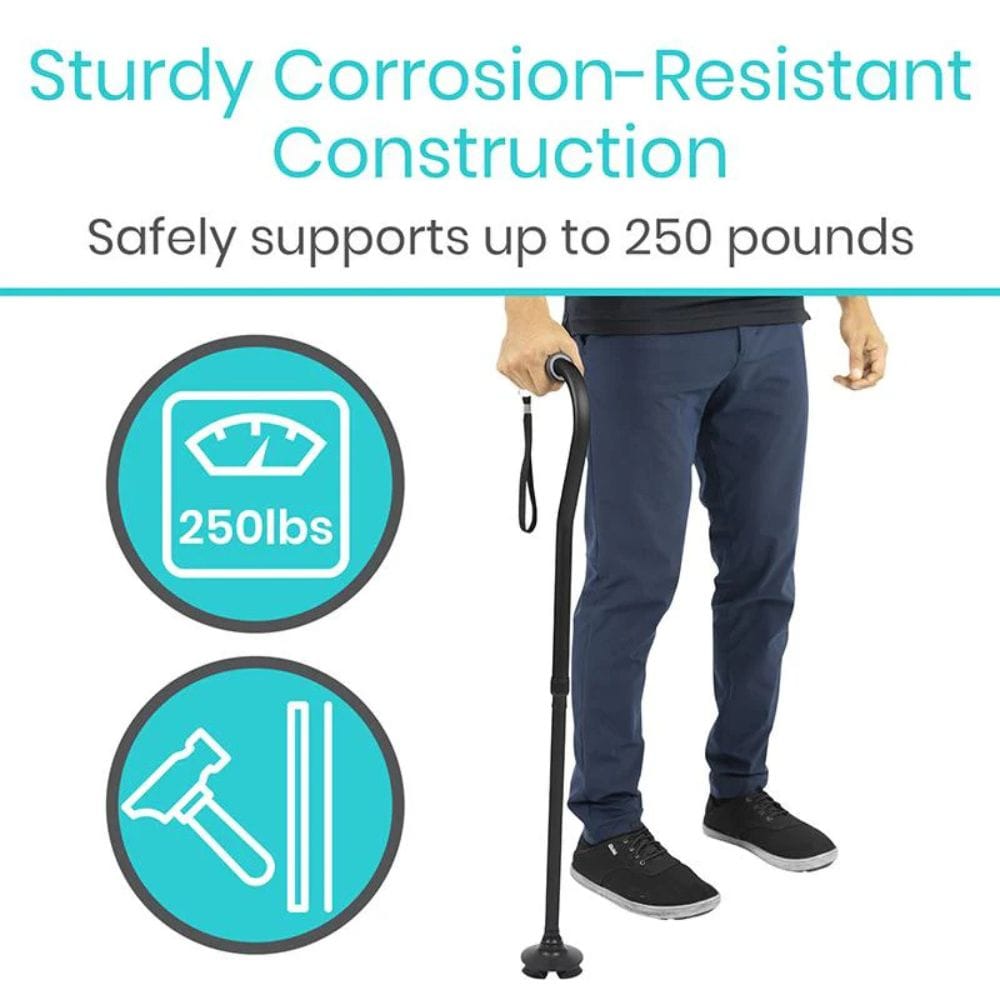 Person holding a black cane with text about corrosion-resistant construction and weight capacity.