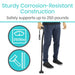 Person holding a black cane with text about corrosion-resistant construction and weight capacity.