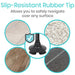 Slip-resistant rubber tip with images of different flooring types and a checkmark symbol.
