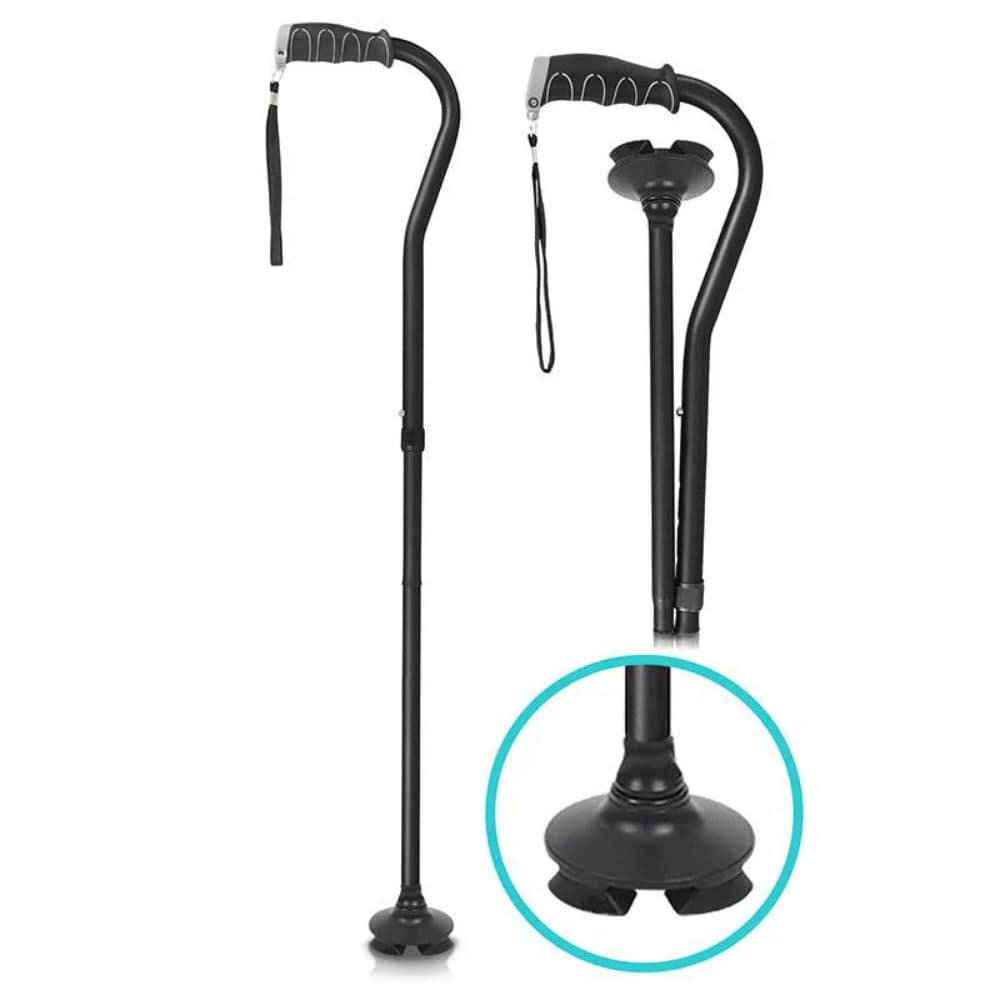 Two black walking canes with adjustable bases on a white background