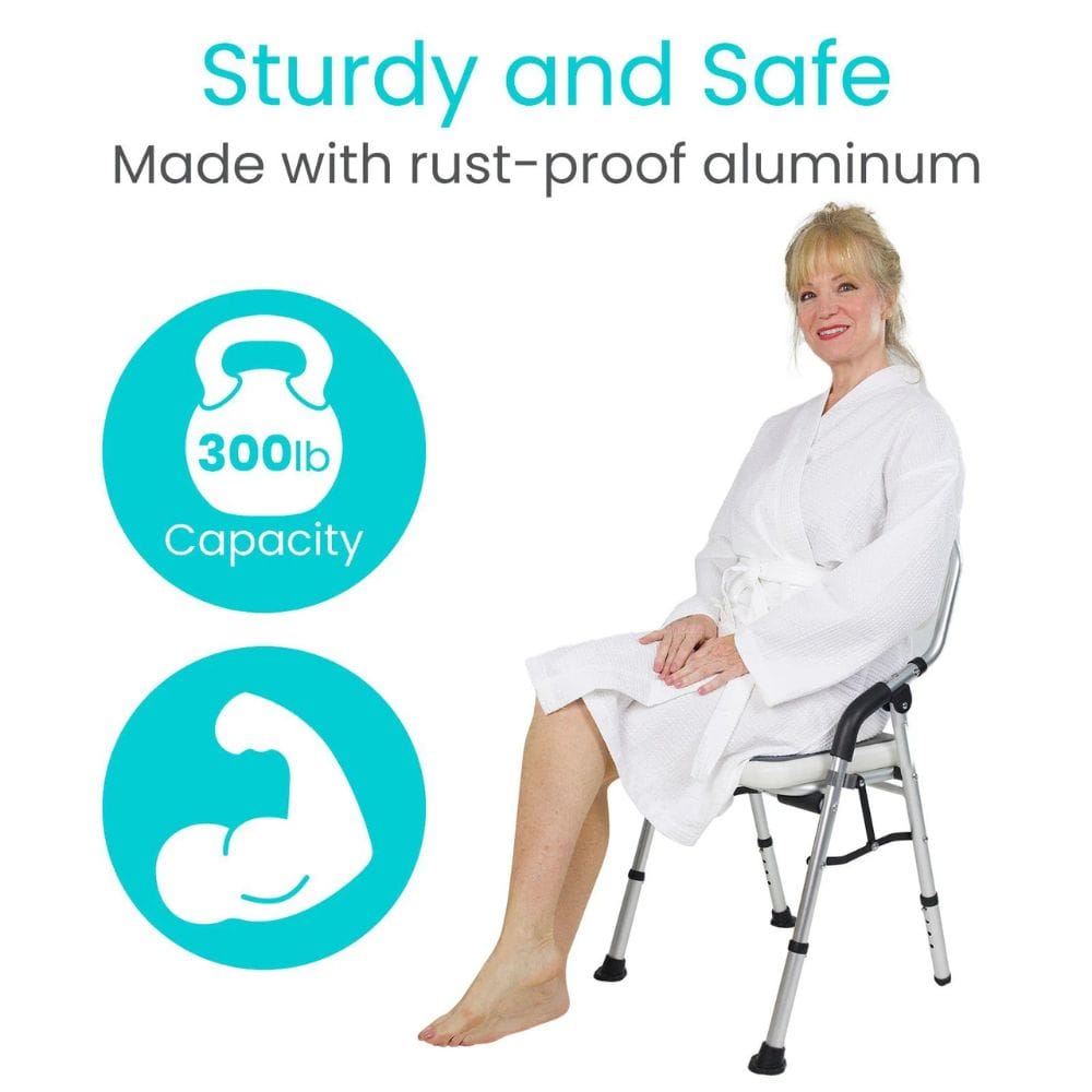 Woman sitting on a white chair with safety features highlighted, including weight capacity and comfort.