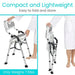 Foldable and lightweight walker with text highlighting its compactness and ease of use.