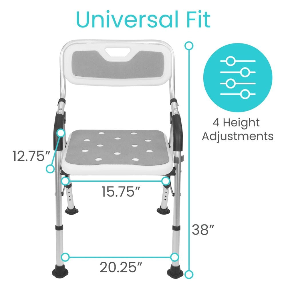 Measurement chart of a adjustable shower chair with dimensions and height adjustment features.