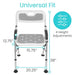 Measurement chart of a adjustable shower chair with dimensions and height adjustment features.